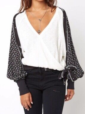 Free People White Wrap Top with Black Floral Sleeves-Size:XL